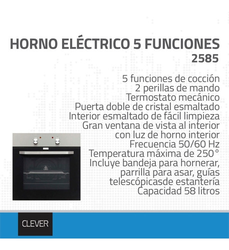 Horno Electrico Clever 5 Funciones Termostato 2585 Parrilla