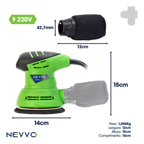 Lixadeira Elétrica Roto Orbital 240w 12.000 Opm Profissional Base 5 Pol 125mm Com Coletor De Pó Nevvo