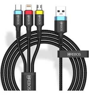 Cabo Carregador Usb Turbo 3 Em 1 Tipo C Lightning E Usb V8 Cor Preto