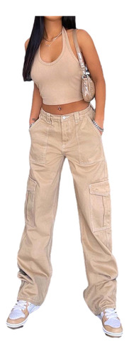 Pantalón Recto Cargo Multibolsillos Jeans De Talle Alto