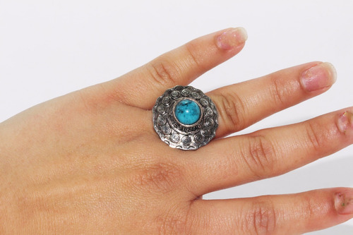 Anillo Acero Dama Mujer Plateado Circular Centro Azul Ase384