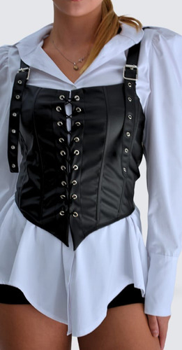 Corset Mujer Cuerina Top Ecocuero Engomado Remera Negro S/m