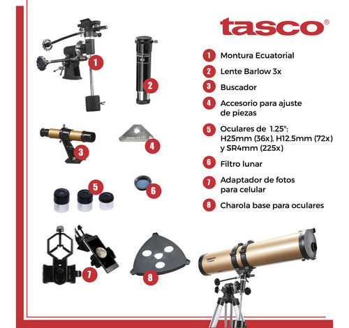 Telescopio Astronomico Tasco Luminova Reflector Profesional 114 mm x 900 Ecuatorial Color Dorado