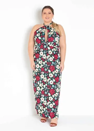 Vestido Longo Plus Size Decote V Mix De Estampa Marguerite