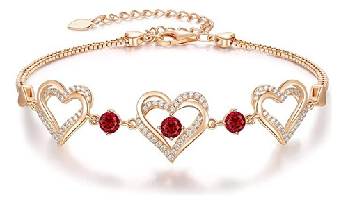 Pulsera Brazalete Corazones Plata Fina Cristal Rojo Rubi F