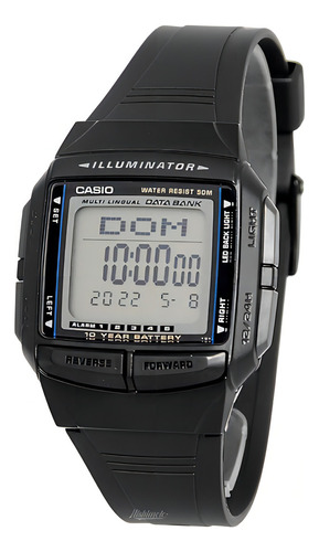 Relogio Casio Masculino Iluminator Db-36 1av Data Bank Digit Correia Preto Bisel Preto Fundo Positivo