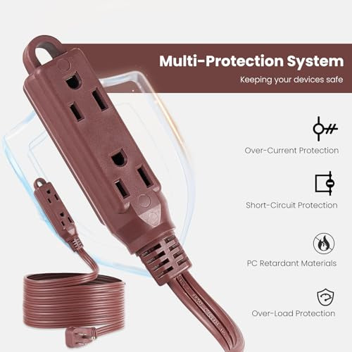 Cable De Extensión Marrón 3 Salidas 12 Pies Enchufe Plano