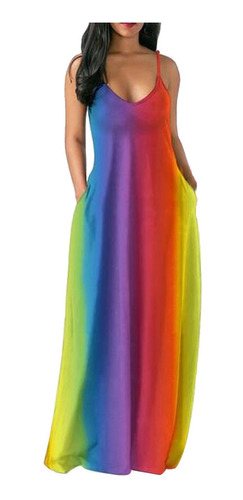 Vestido De Mujer Con Estampado De Arcoíris Tirantes Largos C
