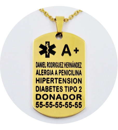 Imagen 1 de 4 de Collar Placa Alerta Médica Grabado Láser Personalizado 1048