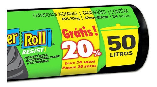 Kit com 2 Sacos Para Lixo Resist! Preto 50L 20un + 20% - Dover Roll