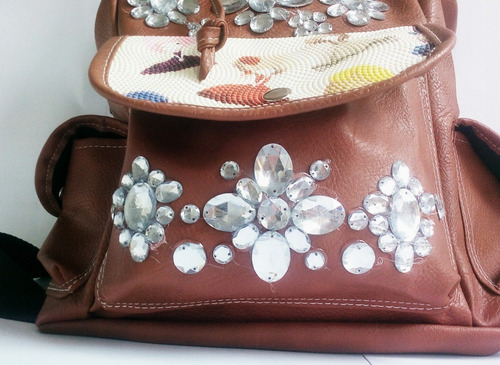 Imagen 9 de 10 de Mochila Marron Estampada Cuero Pu 3 Bolsillos Gran Capacidad