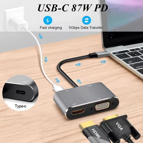 Adaptador Usb C Hdmi Tipo C A Hdmi 4k Usb3.0 Vga 4 En 1