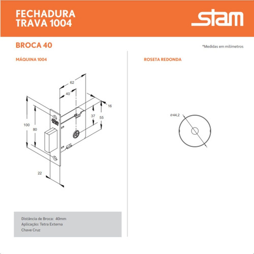 Trava Tetra Stam Fechadura Auxiliar 1004 Roseta Redonda Inox Cor Cromado