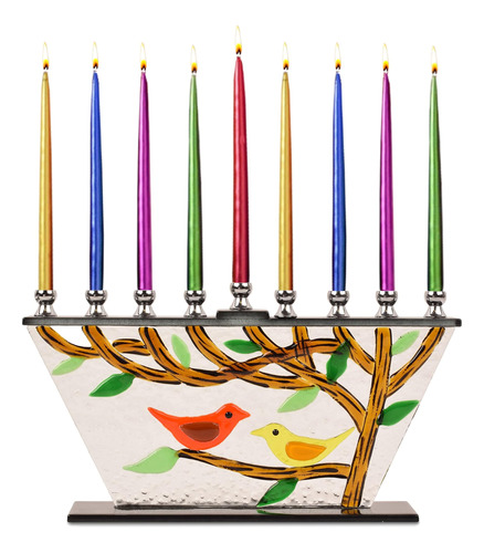 Ner Mitzvah Glass Hanukkah Menorah - Birds, Tree Of Life Men