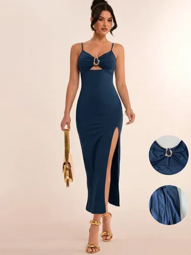 Vestido Largo De Mujer Con Abertura Lateral Y Escote En Pico
