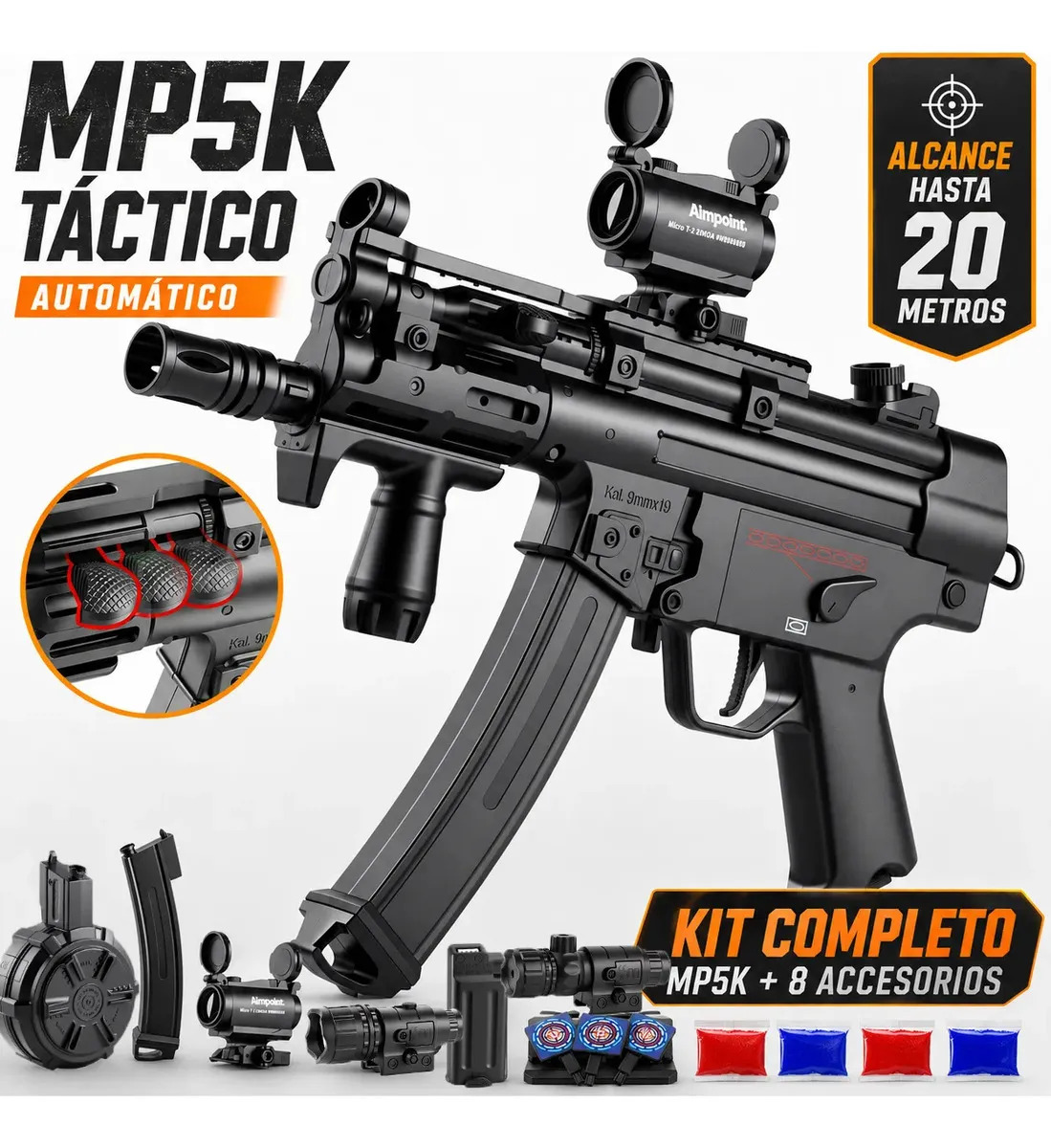 Pistola Hidrogel Lanzador Juguete 1:1 MP5k Auto con Láser, negro, nailon, motor rápido, compacto, semi/auto, ventana de eyección, correa. Realismo y diversión en uno