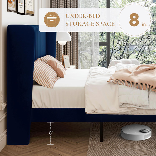 Base De Cama Matrimonial De Terciopelo Azul Con Cabecera Cap