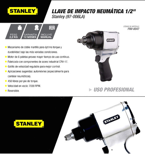 Pistola Llave Impacto Neumatica Mando 1/2 Stanley 97-006