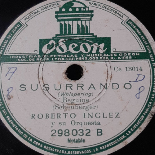 Pasta Roberto Inglez Su Orquesta Odeon C277