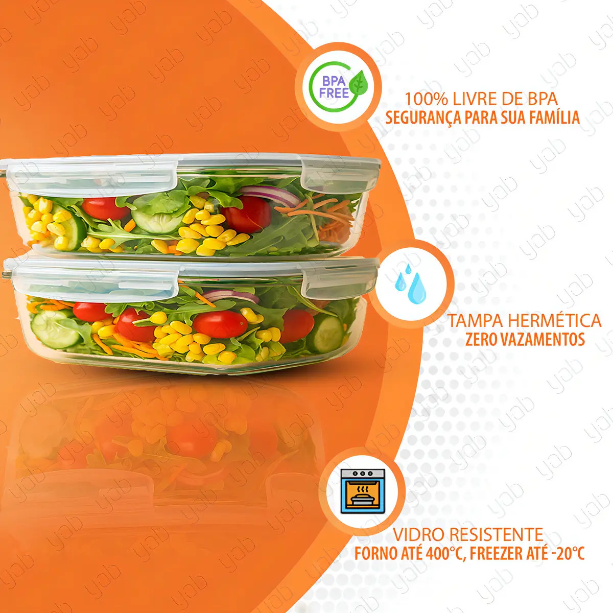 Yab Kit 5 Potes De Vidro Marmita C/ Tampa Hermético 640ml Retangular 4 Travas Borossilicato... 2
