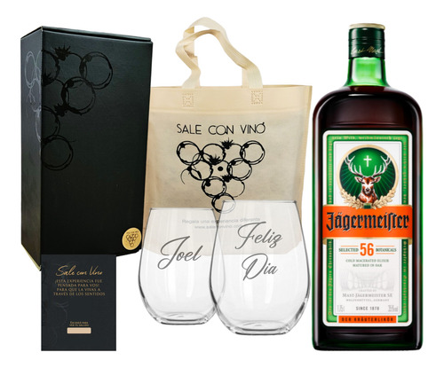 Box Licor Jaggermeister 700ml 2 Vasos Vidrio Grabados Regalo