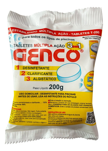 Pastilha Cloro Piscina Multi Ação 3 Em 1 Tablete Genco 200g