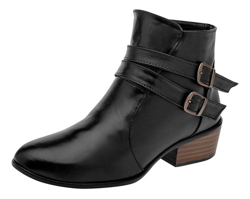 Botin Vaquero Negro Con Hebillas Tacon Cuadrado En Piel Dama