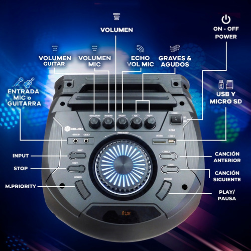 Imagen 4 de 8 de Altavoz Parlante Melon Bluetooth 2woofer 12pulgadas Luces