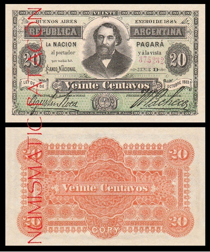 Billete 20 Centavo Banco Nacional 1884 Fraccionario Copia P3