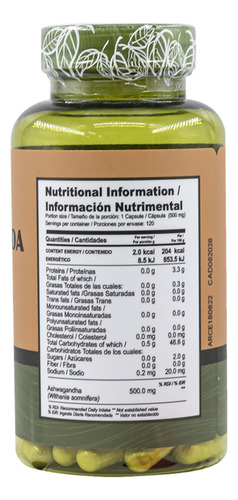Ashwagandha Root Con 120 Caps De 500 Mg Zen Natura Sin Sabor