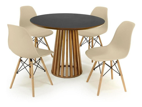 Mesa De Jantar 100cm Preta Luana + 4 Cadeiras Eiffel Cor Nude