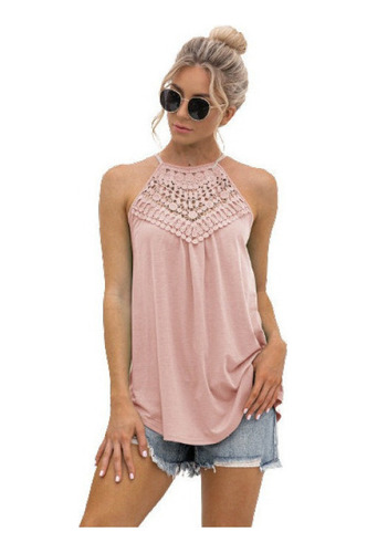 Top Casual De Color Sólido De Encaje Con Cuello Halter