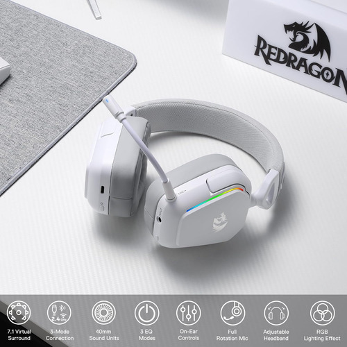Fone De Ouvido Rgb Sem Fio Redragon H868 De 3 Modos Para Jog