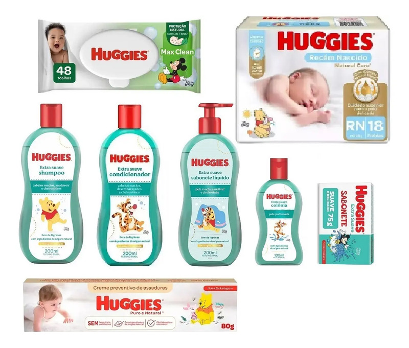 Kit de higiene infantil Huggies contendo 8 itens: pacote de fraldas RN, lenços umedecidos, shampoo, condicionador, sabonete líquido, sabonete em barra, colônia e creme preventivo de assaduras, todos com embalagens decoradas com personagens Disney.