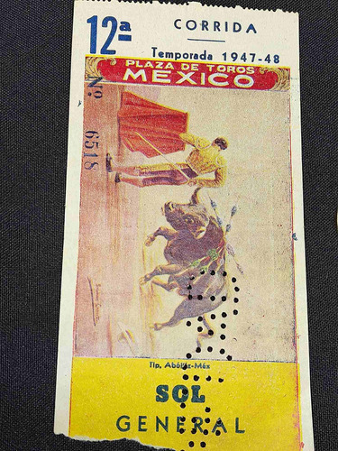 Boleto De Toros Corrida 12 Temporada 1947-48 Envío Gratis (Usado)