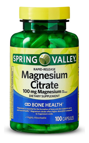 Spring Valley Citrato De Magnesio 100 Mg Con 100 Cápsulas Sabor Sin Sabor