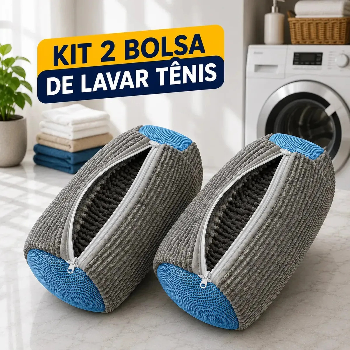 kit 2 Bolsa Lava Cinza Tênis Proteção Lavagem Máquina Evita Deformar Sem Estragar Calçados
