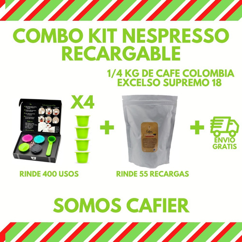Capsula Nespresso Recargable X4 Kit + 1/4 Colombia Excelso!