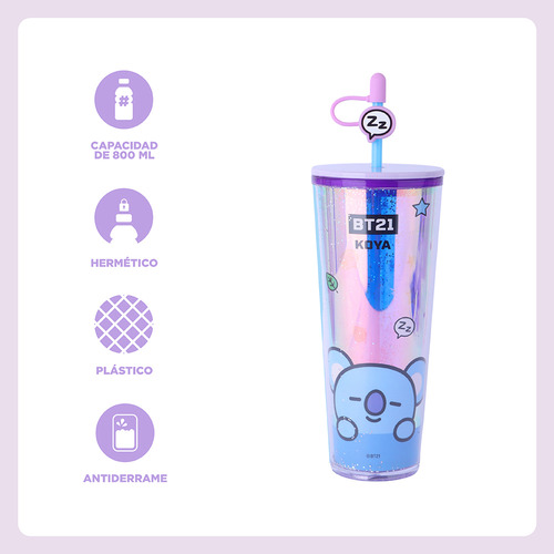 Miniso Vaso Con Tapa Y Popote Bt21 Koya Plástico Tornasol 80