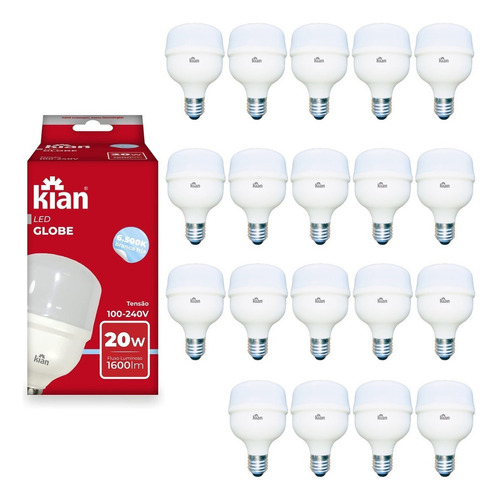 Kit 20 Lâmpada Globe 20w Kian Branca Fria Bivolt Base E27 Cor Da Luz Branco-frio 100/240v