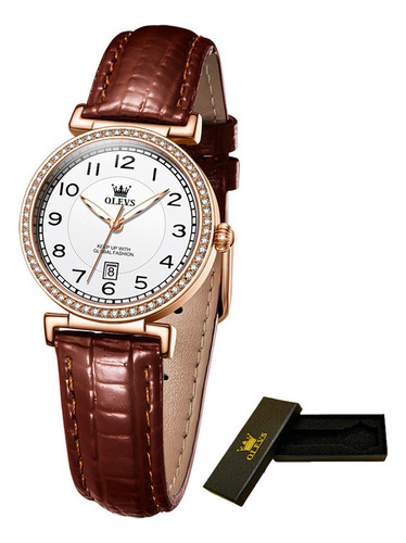 Relojes Olevs Diamond Fashion con calendario de cuero con fondo blanco rosado