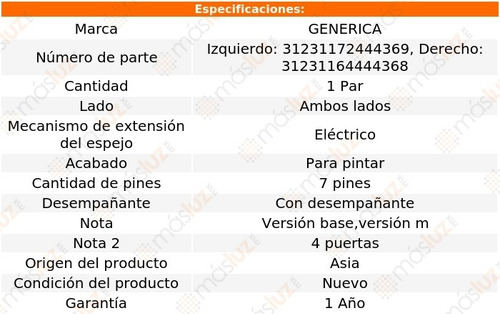 Kit Espejos Elect P/pintar C/desemp 7 Pines Bmw 320i 01/04
