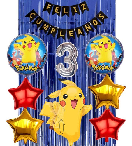 Kit Decoración Pokemon Pikachu Globos+cortinas+banderin Azul Y Negro
