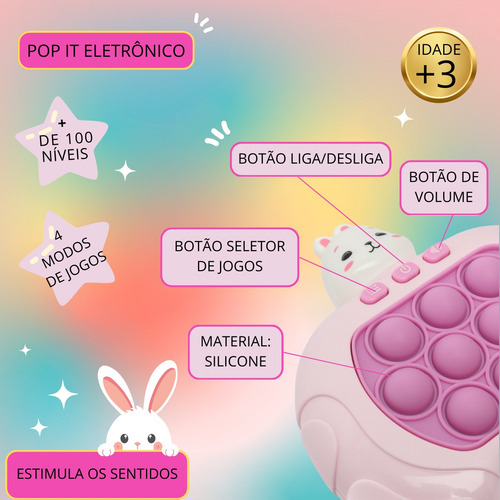 Pop It Eletrônico Coelho Rosa Game Anti Stress Crianças