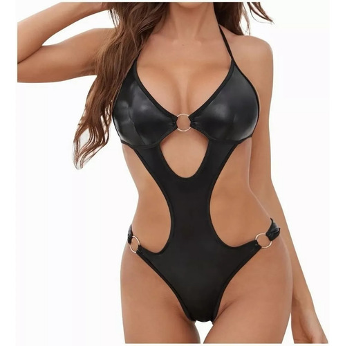 Lencería Erotica Tipo Cuero Body Con Esposa Tanga Coordinado