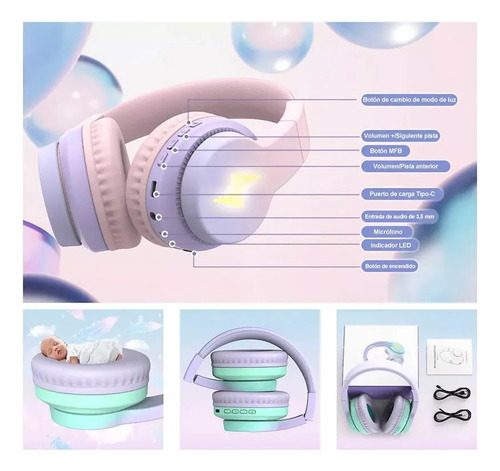 Violeta Con Luz Led Auriculares Gamer Inalámbricos Emuael Wgyp-104 Violeta Para Niños 45h