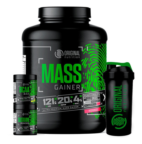 Kit Massa Hipercalórico Mass Gainer + Bcaa + Glutamina +copo Sabor Morango