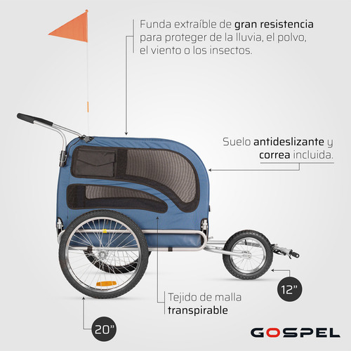 Remolque R20 Para Bicicleta 2en1 Para Mascotas Azul Gospel Tamaño del cuadro M