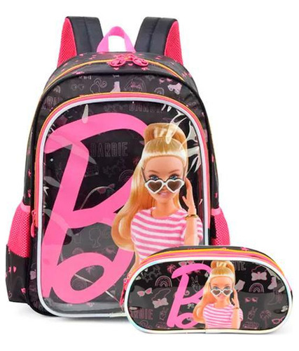 Kit Mochila De Costas Com Led + Estojo Duplo Barbie Preto