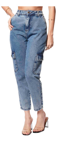 Calça Jeans Cargo Feminina Azul-claro Sawary Oferta